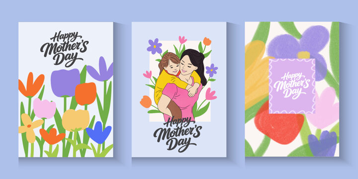 Mother's Day greeting cards, poster, with beautiful blossom flowers. mothers day with mother hugging her daughter and holding a big bouquet of flowers and flowers background.