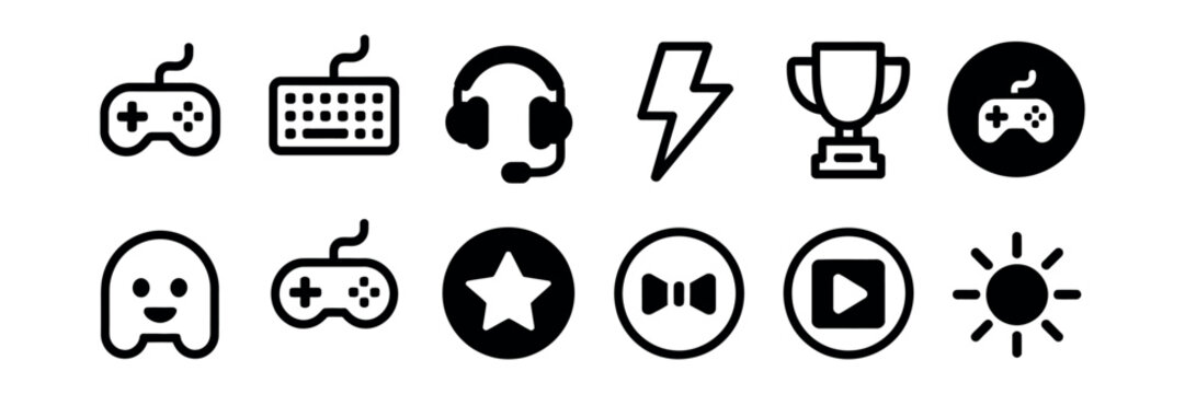 Gaming icons set vector illustration game development design symbols UI elements for websites and applications isolated on transparent background