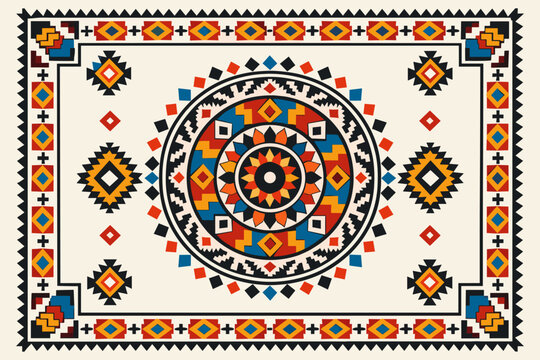 Ethnic Geometric Rug Pattern with Mandala Ornament Colorful Vector Illustration