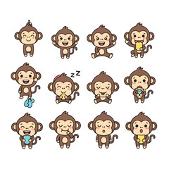 Fototapeta premium Cute monkey character stickers set with various emotions vector
