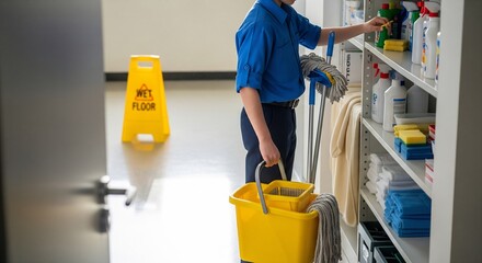 Naklejka premium Professional cleaner in blue uniform with mop and bucket organizing cl