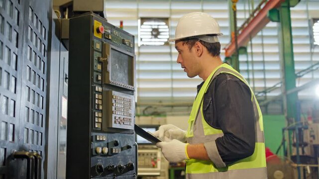 Industrial worker operating machinery manufacturing facility action scene production environment side view precision engineering
