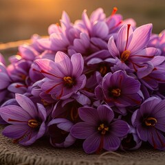 Obraz premium Vibrant Purple Saffron Crocus Flowers with Delicate Red Stigmas Illuminated by Golden Hour Sunlight Keywords