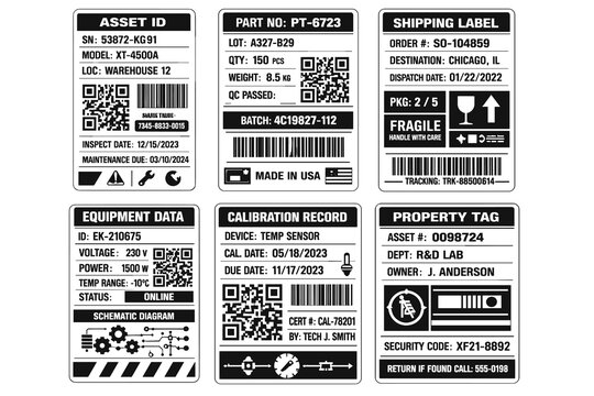 Industrial QR Code Label Templates 2D Vector Set with Asset ID, Calibration Records and Shipping Barcode Designs