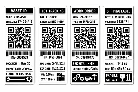 Logistics QR Code Labels 2D Vector Set with Asset Tracking, Work Order and Shipping Barcode Templates