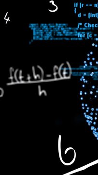 White handwritten math sliding on playback, revealing blue code and pulsing particles for tech