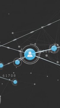 Zooming in revealing blue user icon expanding linking nodes with chat bubbles visualizing tech data