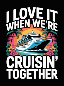 A cruise ship sails in a tropical setting with palm trees and vibrant flowers.