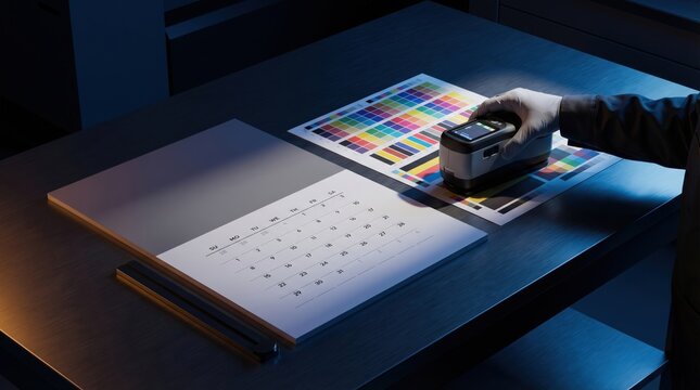 Professional Measuring Print Color Accuracy with Spectrophotometer on Calendar