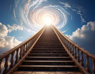 Fototapeta premium Majestic stone stairs rise into a swirling heavenly light, symbolizing a journey to success, hope, or the afterlife. This cinematic image evokes spiritual growth and transcendence.