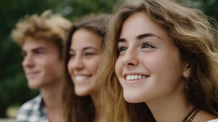 Fototapeta premium Young friends captured outdoors sharing joyful smiles and experiencing the natural warmth of a beautiful day together