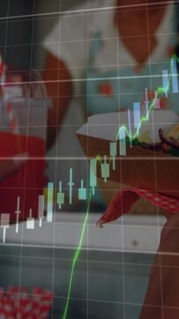 Server handing takeout box, customer receiving while finance charts overlaying and tracking sales