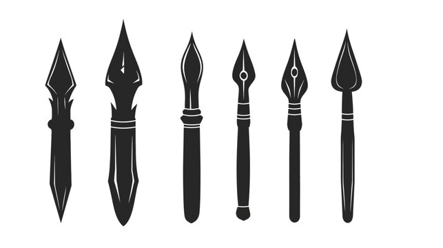 Monochrome depiction of seven stylised pen nibs of varying designs, set against a plain white backdrop