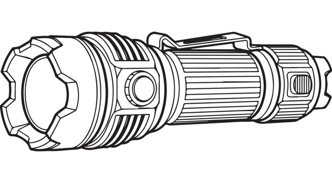 Tactical flashlight line art vector illustration for coloring book or technical manual design