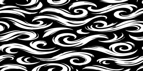 Fototapeta premium Seamless vector pattern of dynamic black brush strokes forming elegant swirls, loops, and flowing waves, hand-painted ink texture, monochrome, high contrast, minimalist, organic and fluid motion, clea
