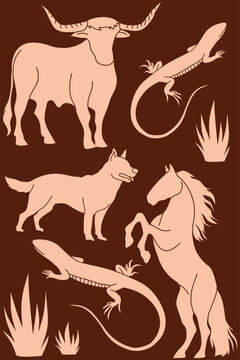 Stylized western desert animal illustration featuring a longhorn bull, horse, coyote, lizards, and desert grass in a retro southwestern graphic style. Minimal earthy artwork perfect for apparel design