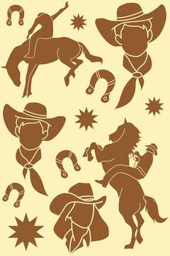 Retro western cowboy rodeo pattern illustration featuring bull riders, cowboy hats, horseshoes, boots, and ranch inspired elements in a bold flat graphic style. Vintage western artwork perfect for app