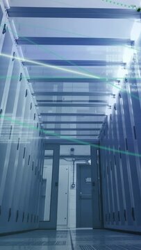 Ceiling green laser appearing and sweeping aisle, aligning server cabinets for diagnostic HUD