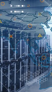 Server racks lining data center corridor, receiving system-triggered map overlay showing APAC nodes