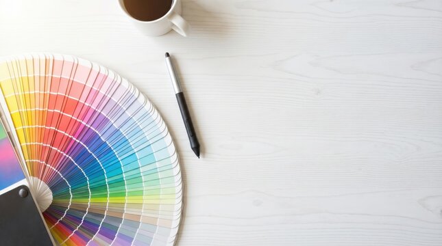 Graphic Designer Desk Setup with Pantone Color Palette and Coffee