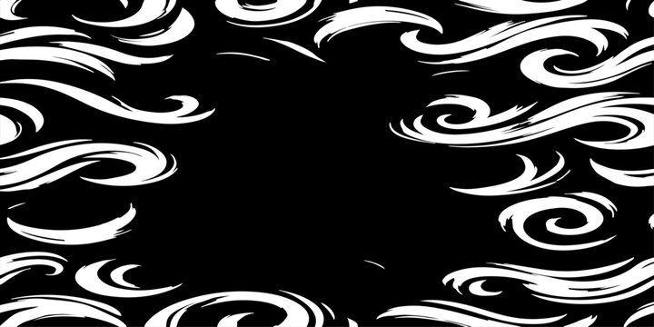 Seamless vector pattern of dynamic black brush strokes forming elegant swirls, loops, and flowing waves, hand-painted ink texture, monochrome, high contrast, minimalist, organic and fluid motion, clea
