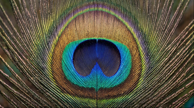 Peacock feather close up showing iridescent eye pattern