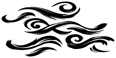 Fototapeta premium Seamless vector pattern of dynamic black brush strokes forming elegant swirls, loops, and flowing waves, hand-painted ink texture, monochrome, high contrast, minimalist, organic and fluid motion, clea