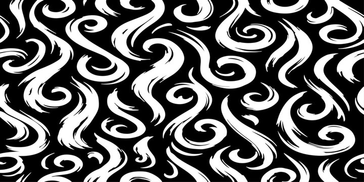 Seamless vector pattern of dynamic black brush strokes forming elegant swirls, loops, and flowing waves, hand-painted ink texture, monochrome, high contrast, minimalist, organic and fluid motion, clea