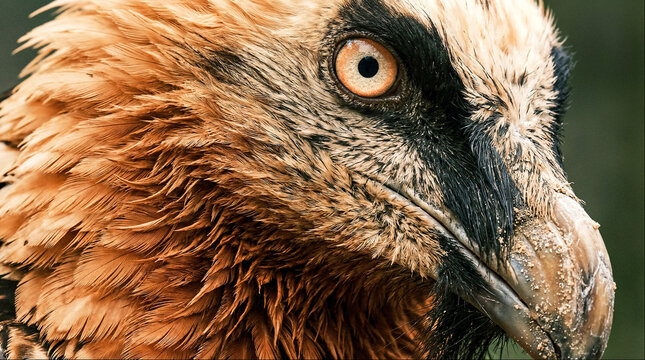 Bearded vulture close up portrait with piercing orange eye