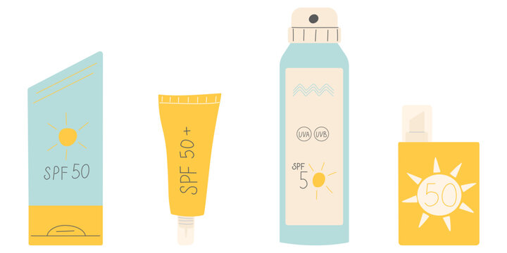 Sunblock and UV protection cosmetics set. Hand drawn doodle vector illustration of sunscreen tubes, spray, and stick with SPF 50 isolated on white.
