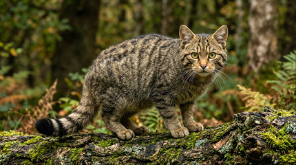 European wildcat stalking on mossy log in deep woodland © Fotkrat
