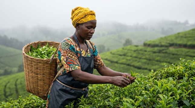 African Woman Harvesting Tea Leaves in Lush Green Plantation Field.
