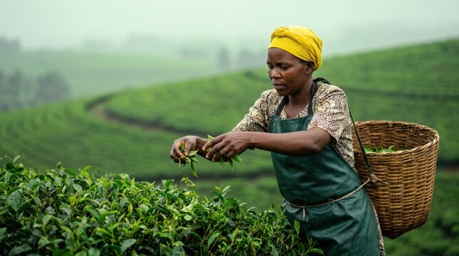 African Woman Harvesting Tea Leaves in Lush Green Plantation Field.