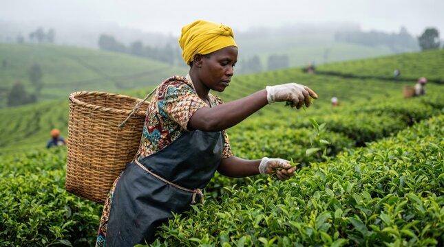 African Woman Harvesting Tea Leaves in Lush Green Plantation.