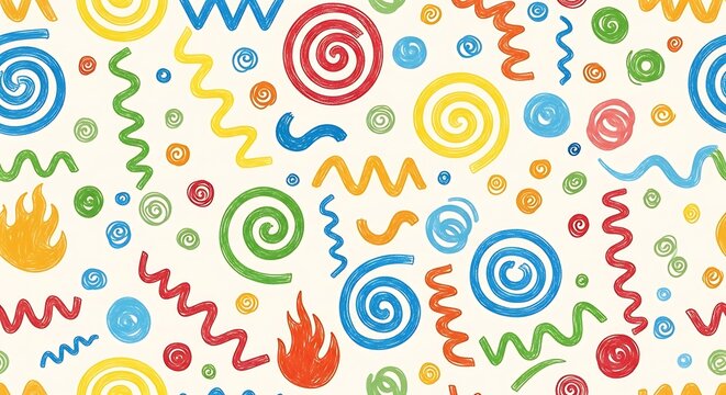 Colorful swirling shapes and patterns background.