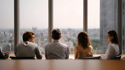 Fototapeta premium Colleagues discuss plans and look out over a vast city skyline from a modern sunlit office window