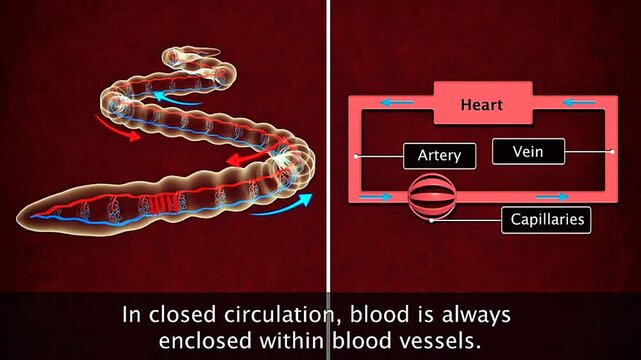 3D animation showing closed circulatory system with blood confined to vessels in vertebrates.