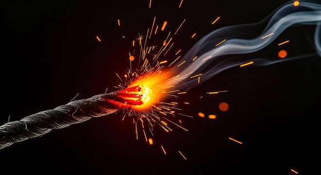 Dramatic close-up of a burning fuse igniting with bright sparks and smoke, symbolizing a critical countdown to a fiery conclusion