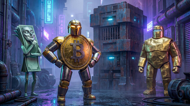 A dollar, bitcoin, and a gold bar shaped like cyborgs on a city street at night