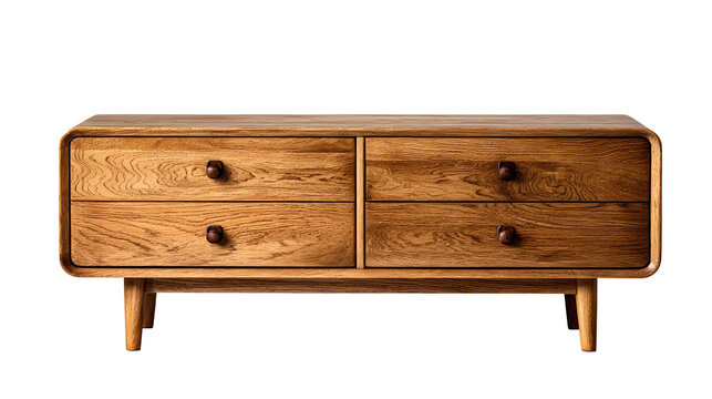 Front view of classic oak TV stand isolated on a white background
