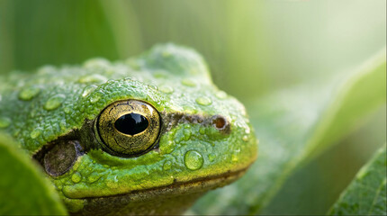Fototapeta premium Green tree frog on leaf with water droplets glistening