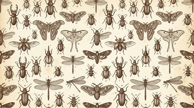 Seamless Complex Historic Species Bug Study Moth File Victorian Detail Specimen Graphic Retro Bug Object Design Element