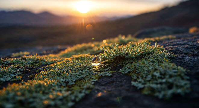 Tiny dewdrop on reindeer moss with golden sunrise light