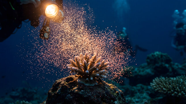 Diver watching coral spawning during night reef dive