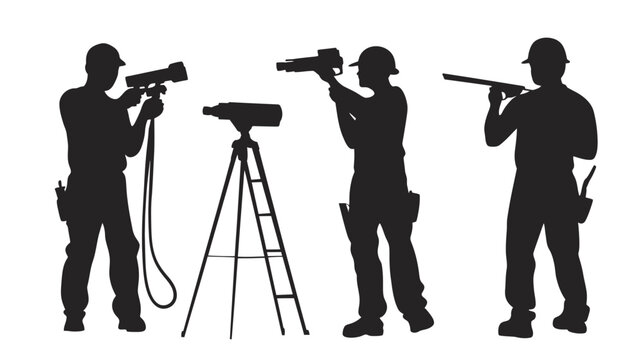 Silhouetted construction workers using equipment, including laser level, on white background