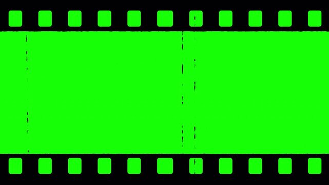 Cinematic film strip with perforated edges and green screen for overlay. Film perforation frame with rough edge style for editing. Vintage film strip overlay with grunge, scratches, scanline. 4K video
