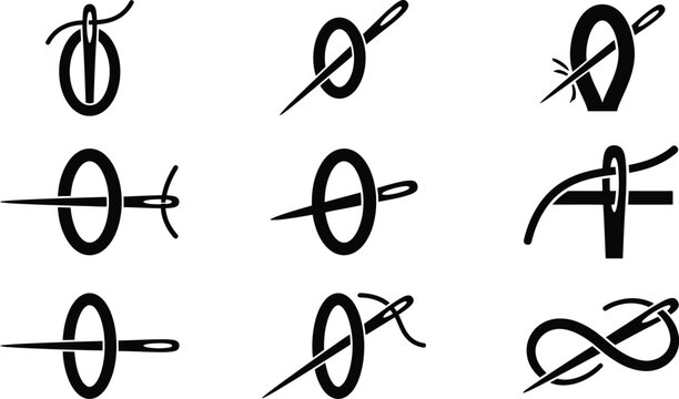 Set von neun stilisierten schwarzen Symbolen mit Nadel und Faden f&uuml;r N&auml;harbeiten und Handwerk.