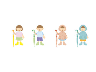 Fototapeta premium レインコートと長靴姿で傘を持つ、笑顔の子供たちのイラスト