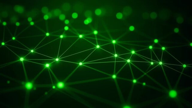 Green Glowing and Pulsing Network Nodes on Dark Technology Background