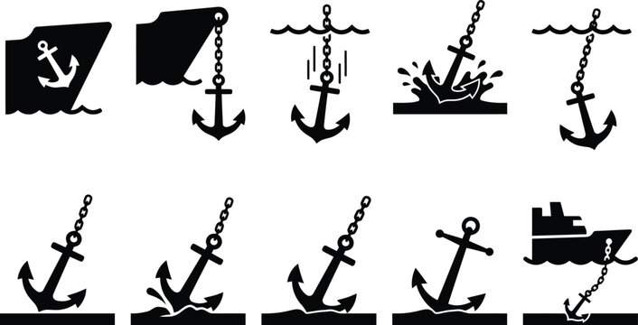 Symbol-Sequenz, die den Prozess des Ankerwerfens und Festsetzens eines Schiffes darstellt.